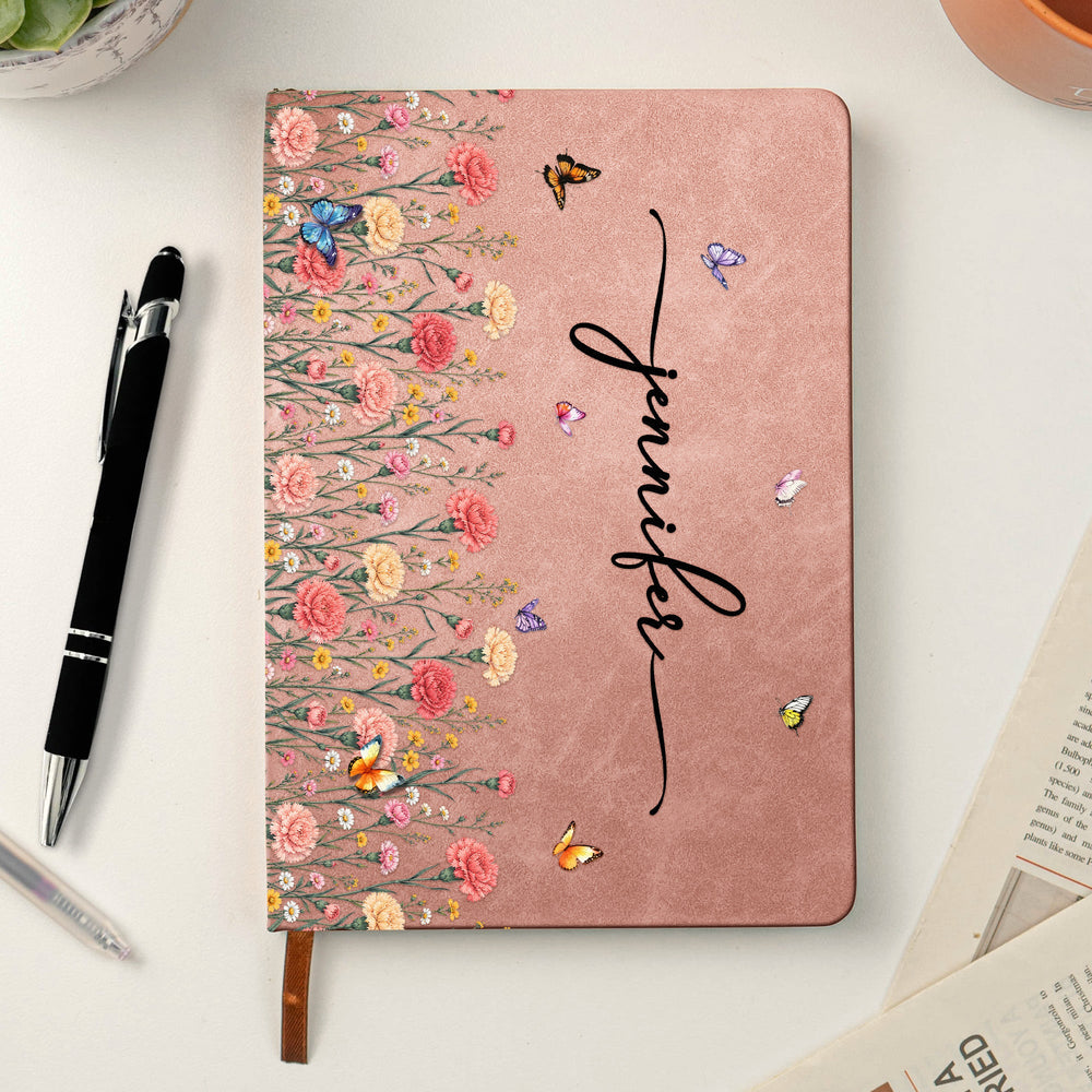 Personalized Birth Flower Leather Journal - Custom Name Notebook Gift for Her