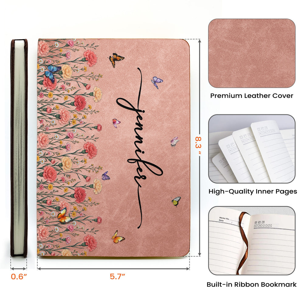 Personalized Birth Flower Leather Journal - Custom Name Notebook Gift for Her