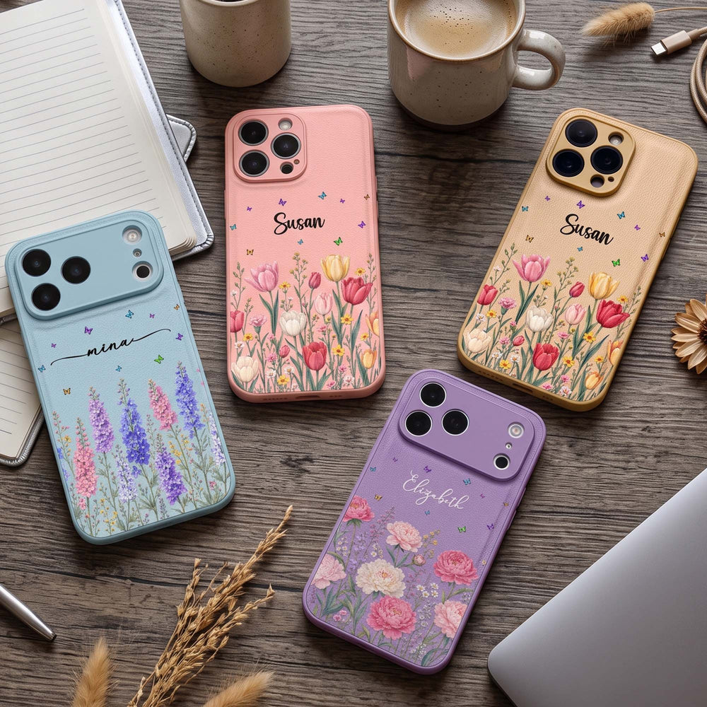 Personalized Birth Flower Leather Phone Case - Custom Name Gift for Her