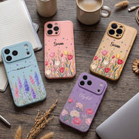 Personalized Birth Flower Leather Phone Case - Custom Name Gift for Her