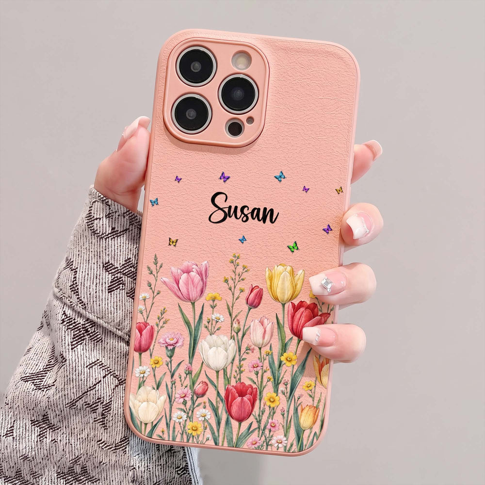 Personalized Birth Flower Leather Phone Case - Custom Name Gift for Her