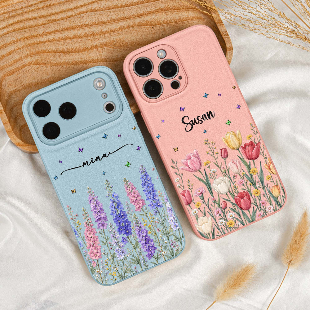 Personalized Birth Flower Leather Phone Case - Custom Name Gift for Her