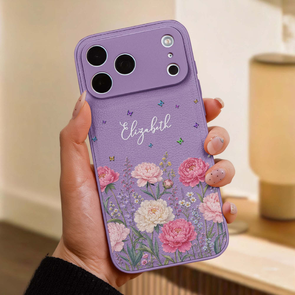 Personalized Birth Flower Leather Phone Case - Custom Name Gift for Her