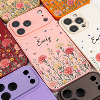 Personalized Birth Flower Leather Phone Case - Custom Name Gift for Her