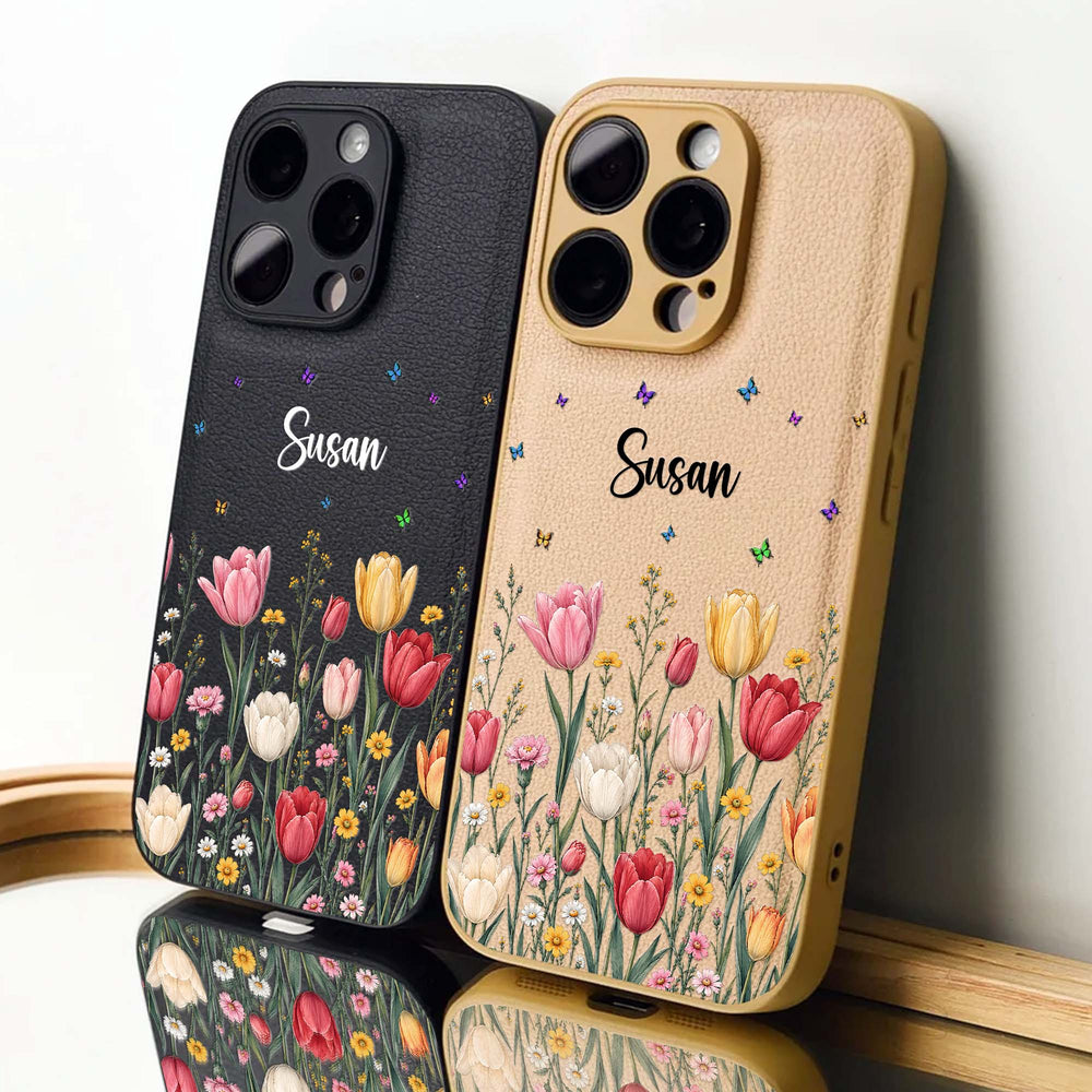 Personalized Birth Flower Leather Phone Case - Custom Name Gift for Her