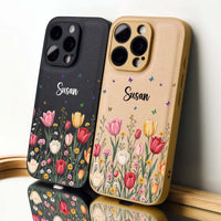 Personalized Birth Flower Leather Phone Case - Custom Name Gift for Her