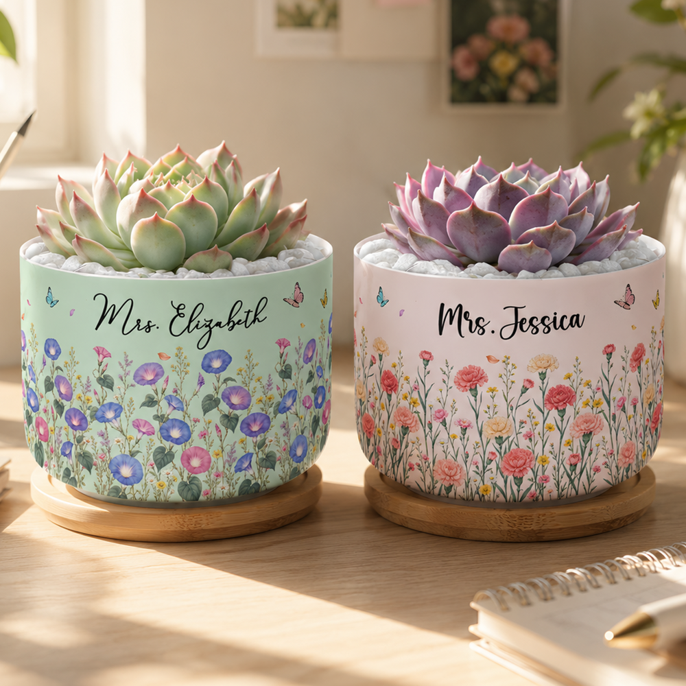 Personalized Birth Flower Ceramic Plant Pot – Custom Name Succulent Planter with Bamboo Tray Gift for Her