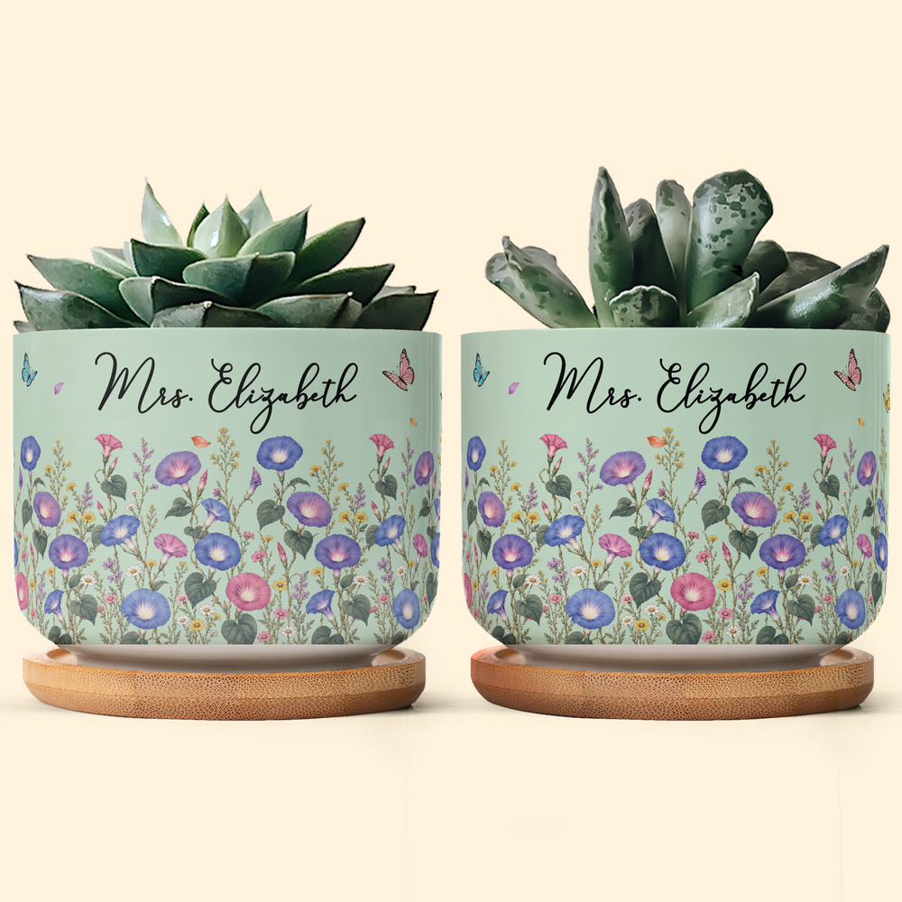 Personalized Birth Flower Ceramic Plant Pot – Custom Name Succulent Planter with Bamboo Tray Gift for Her