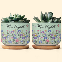Personalized Birth Flower Ceramic Plant Pot – Custom Name Succulent Planter with Bamboo Tray Gift for Her