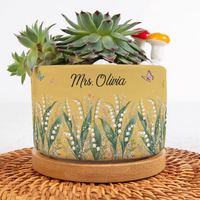Personalized Birth Flower Ceramic Plant Pot – Custom Name Succulent Planter with Bamboo Tray Gift for Her
