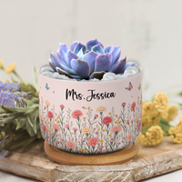 Personalized Birth Flower Ceramic Plant Pot – Custom Name Succulent Planter with Bamboo Tray Gift for Her