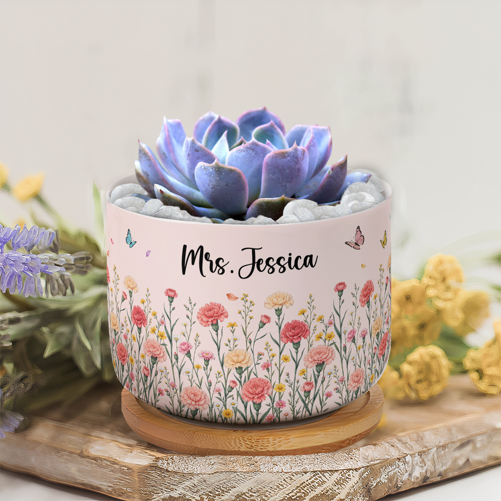 Personalized Birth Flower Ceramic Plant Pot – Custom Name Succulent Planter with Bamboo Tray Gift for Her