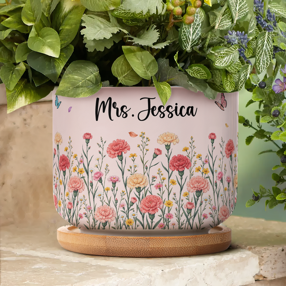 Personalized Birth Flower Ceramic Plant Pot – Custom Name Succulent Planter with Bamboo Tray Gift for Her