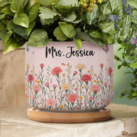 Personalized Birth Flower Ceramic Plant Pot – Custom Name Succulent Planter with Bamboo Tray Gift for Her