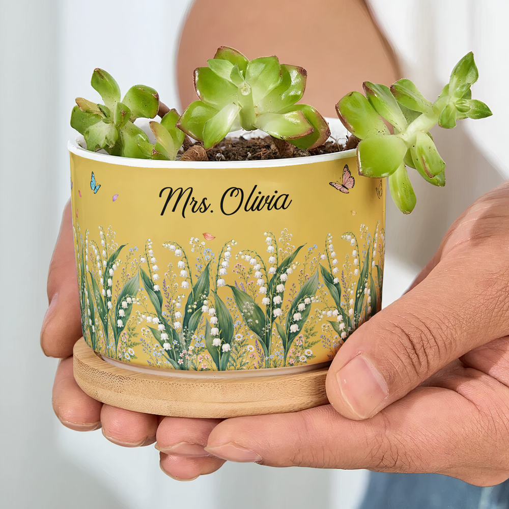 Personalized Birth Flower Ceramic Plant Pot – Custom Name Succulent Planter with Bamboo Tray Gift for Her