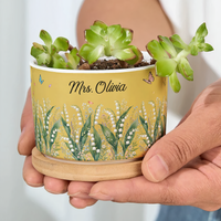Personalized Birth Flower Ceramic Plant Pot – Custom Name Succulent Planter with Bamboo Tray Gift for Her