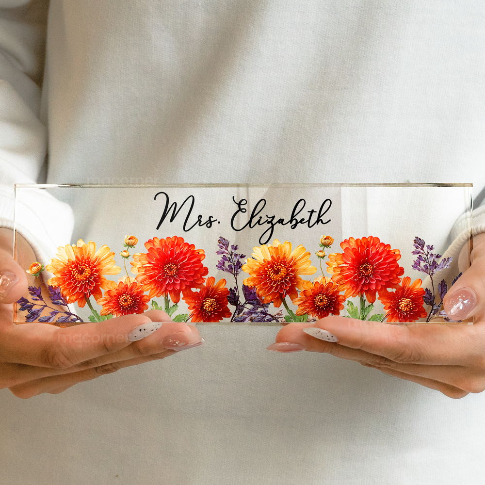 Personalized Birth Flower Acrylic Desk Name Plate – Custom Name Desk Decor & Office Sign Gift for Teacher, Coworker, Boss