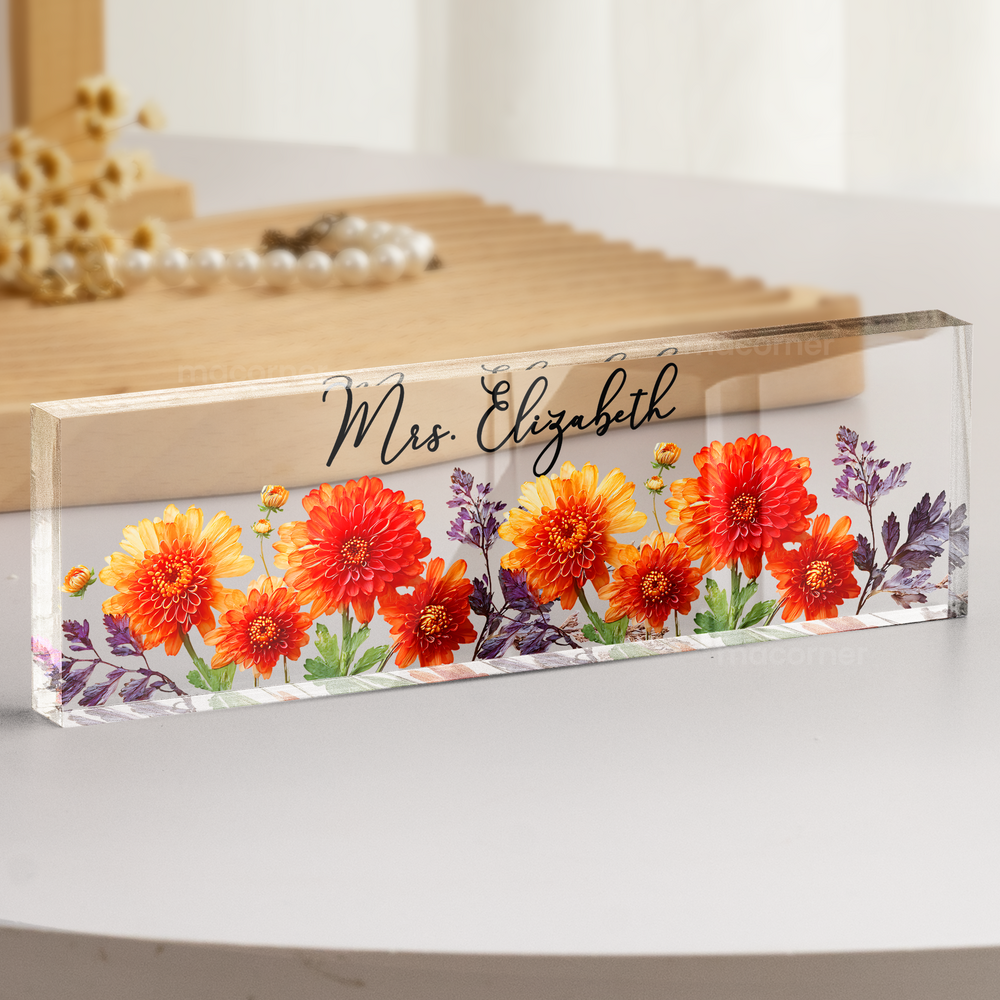 Personalized Birth Flower Acrylic Desk Name Plate – Custom Name Desk Decor & Office Sign Gift for Teacher, Coworker, Boss