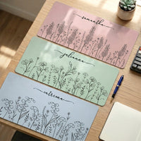 Custom Name Birth Flower Line Art Gift For Her, Friends, Sisters, Coworkers - Personalized Desk Mat