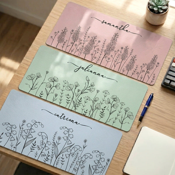 Custom Name Birth Flower Line Art Gift For Her, Friends, Sisters, Coworkers - Personalized Desk Mat