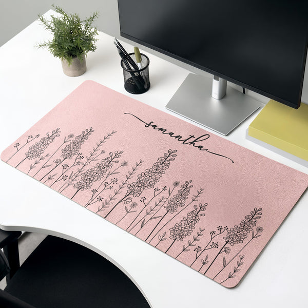 Custom Name Birth Flower Line Art Gift For Her, Friends, Sisters, Coworkers - Personalized Desk Mat