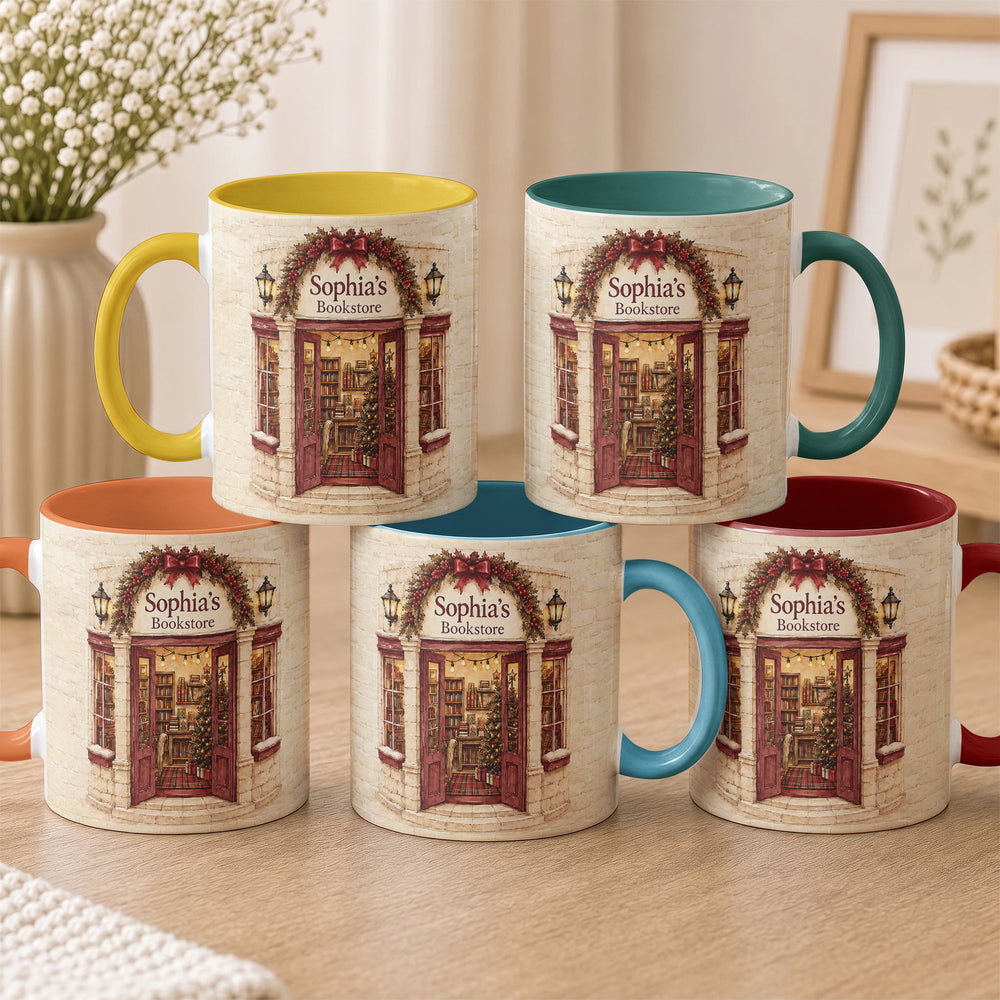 Custom Name Bookstore Christmas Mug - Personalized Ceramic Coffee Cup Gift
