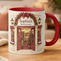 Custom Name Bookstore Christmas Mug - Personalized Ceramic Coffee Cup Gift