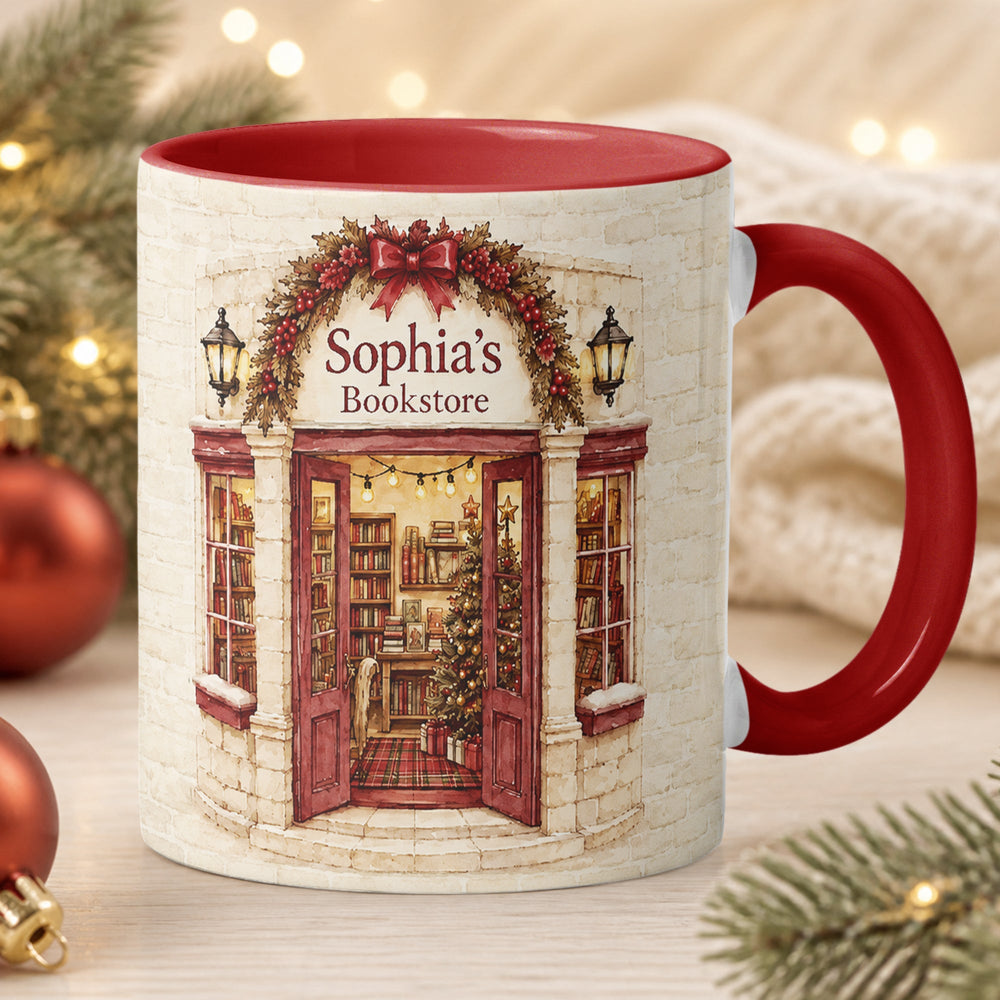 Custom Name Bookstore Christmas Mug - Personalized Ceramic Coffee Cup Gift