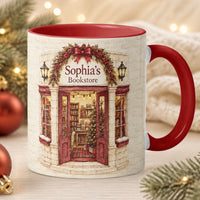 Custom Name Bookstore Christmas Mug - Personalized Ceramic Coffee Cup Gift