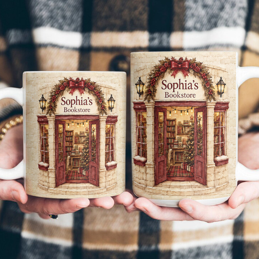 Custom Name Bookstore Christmas Mug - Personalized Ceramic Coffee Cup Gift
