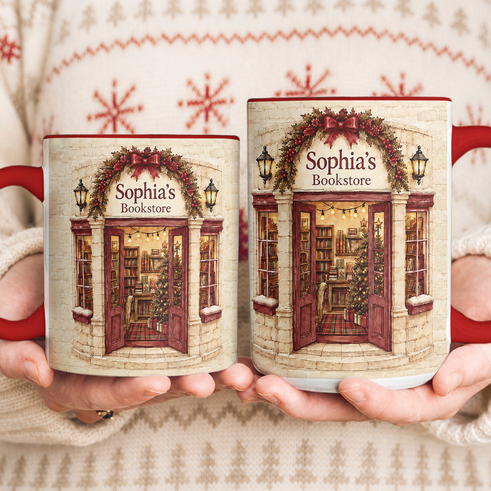 Custom Name Bookstore Christmas Mug - Personalized Ceramic Coffee Cup Gift