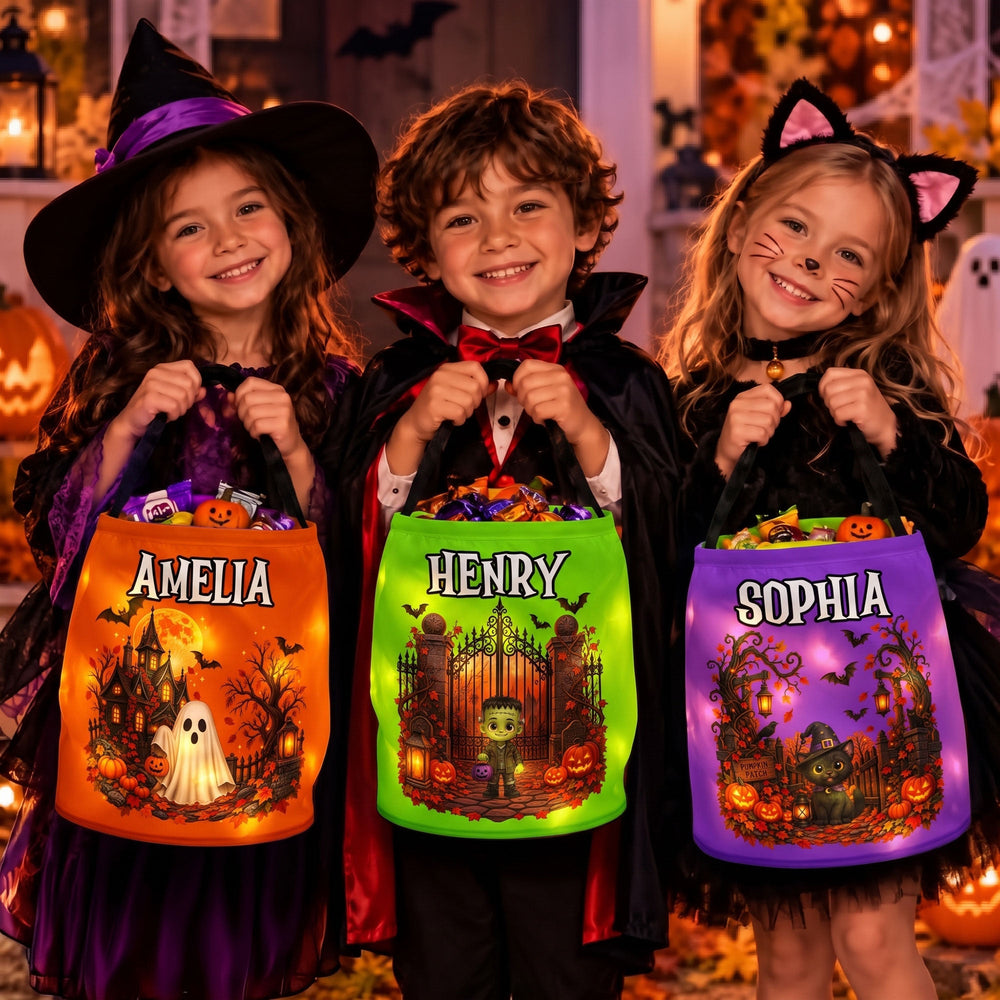 Personalized Halloween LED Candy Bag, Custom Name Trick or Treat Basket for Kids