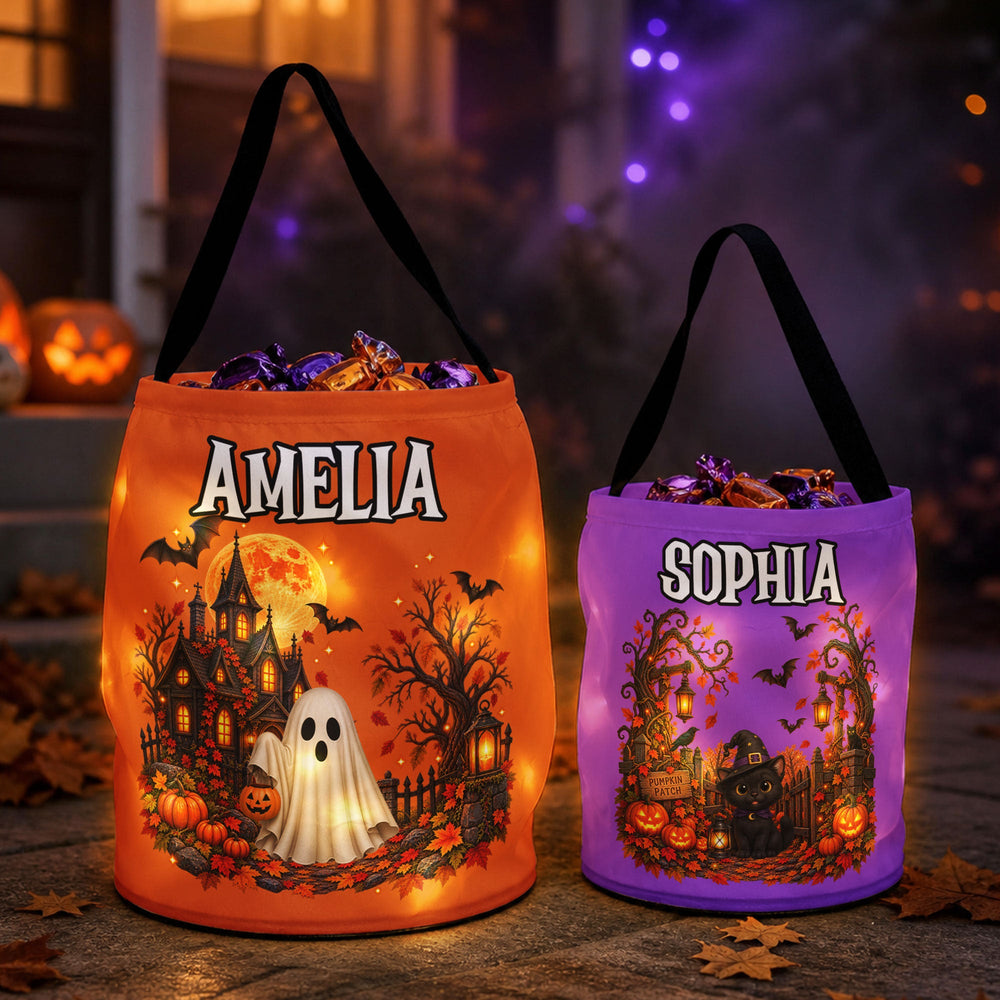 Personalized Halloween LED Candy Bag, Custom Name Trick or Treat Basket for Kids