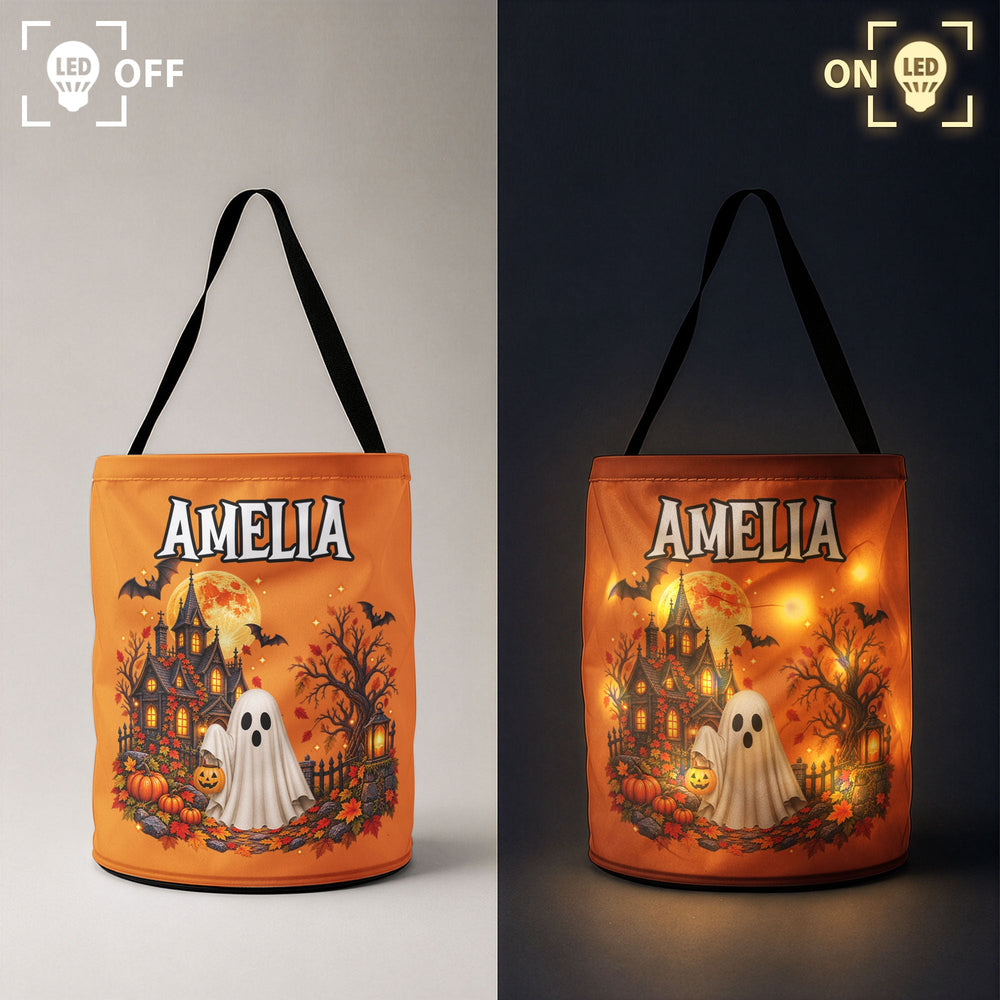Personalized Halloween LED Candy Bag, Custom Name Trick or Treat Basket for Kids