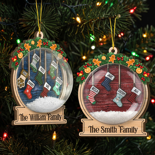 Personalized Stocking Snow Globe Christmas Ornament, Custom Family Name Layered Keepsake Gift