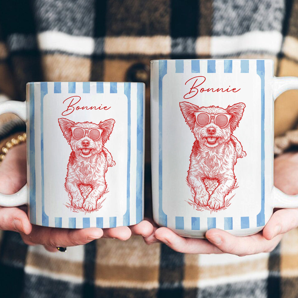 Custom Pet Portraied Sketch Line Art Striped Pattern - Personalized Mug