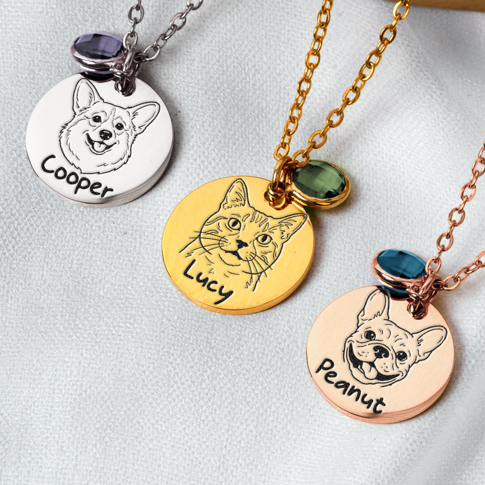 Custom Pet Portrait Line Art Memorial Gift For Dog Mom, Cat Mom - Personalized Necklace