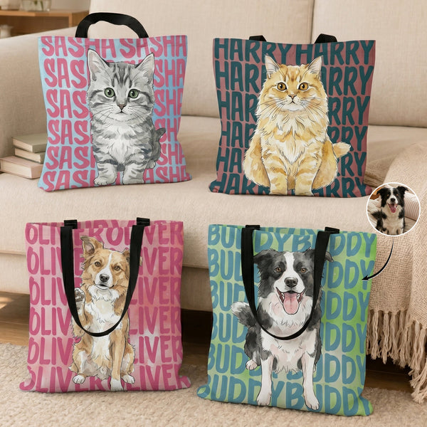 Custom Pet Portrait & Name Watercolor Style - Personalized Tote Bag