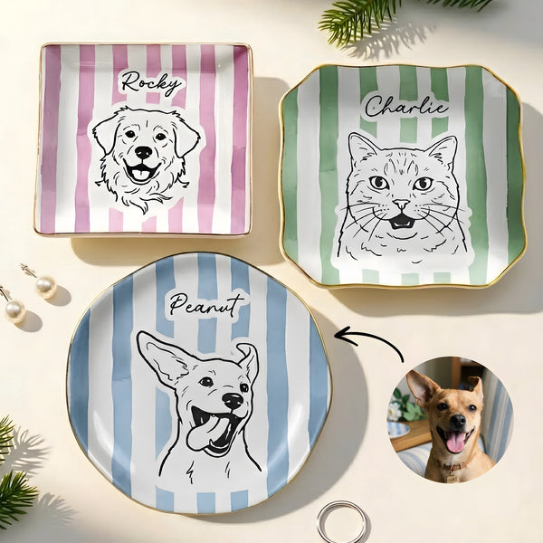 Custom Pet Portrait Sketch Line Art Striped Pattern - Personalized Jewelry Dish