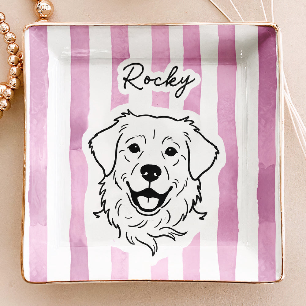 Custom Pet Portrait Sketch Line Art Striped Pattern - Personalized Jewelry Dish