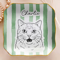 Custom Pet Portrait Sketch Line Art Striped Pattern - Personalized Jewelry Dish
