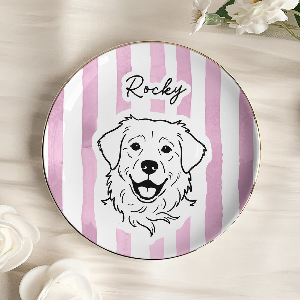 Custom Pet Portrait Sketch Line Art Striped Pattern - Personalized Jewelry Dish