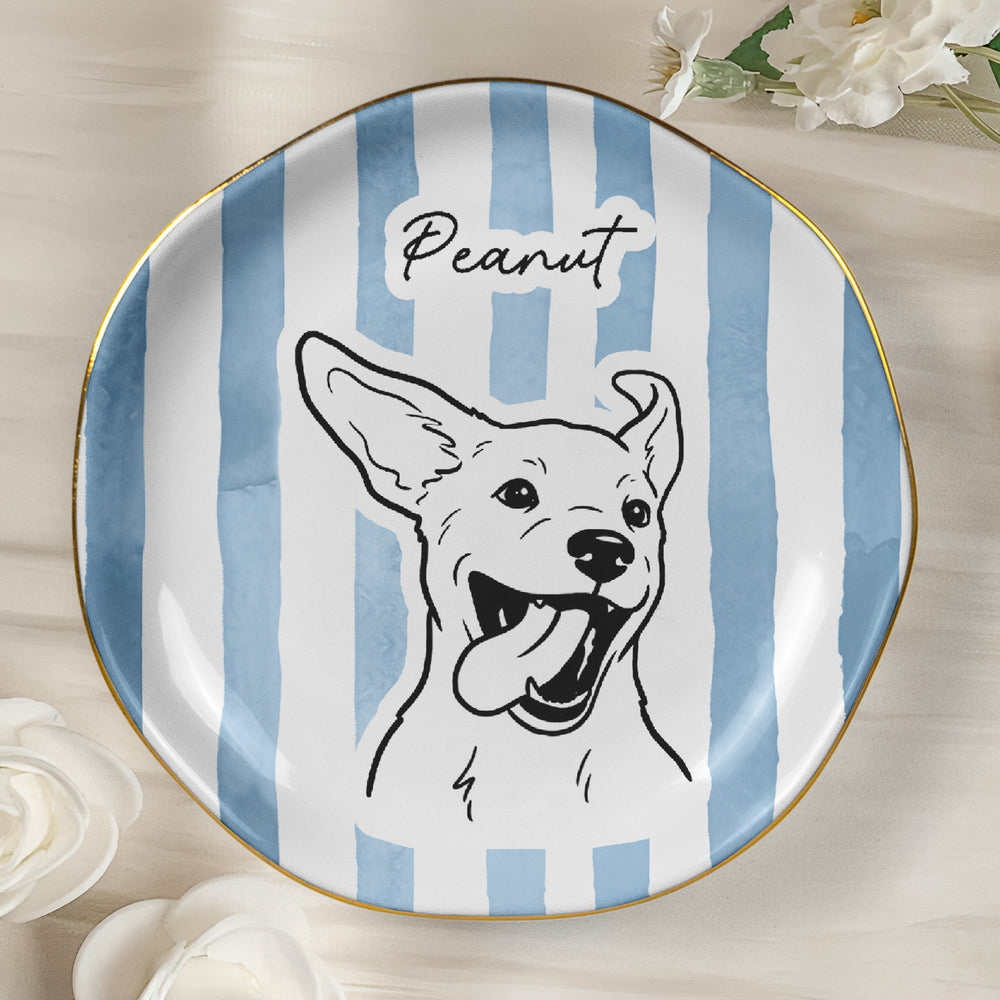 Custom Pet Portrait Sketch Line Art Striped Pattern - Personalized Jewelry Dish