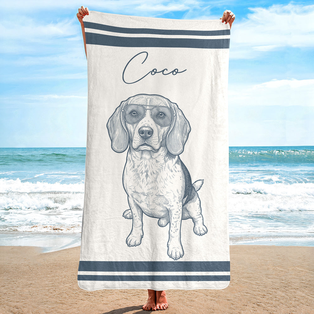 Custom Pet Portrait Sketch Line Art Summer Gift For Pet Lovers - Personalized Beach Towel