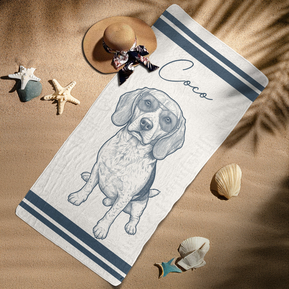 Custom Pet Portrait Sketch Line Art Summer Gift For Pet Lovers - Personalized Beach Towel