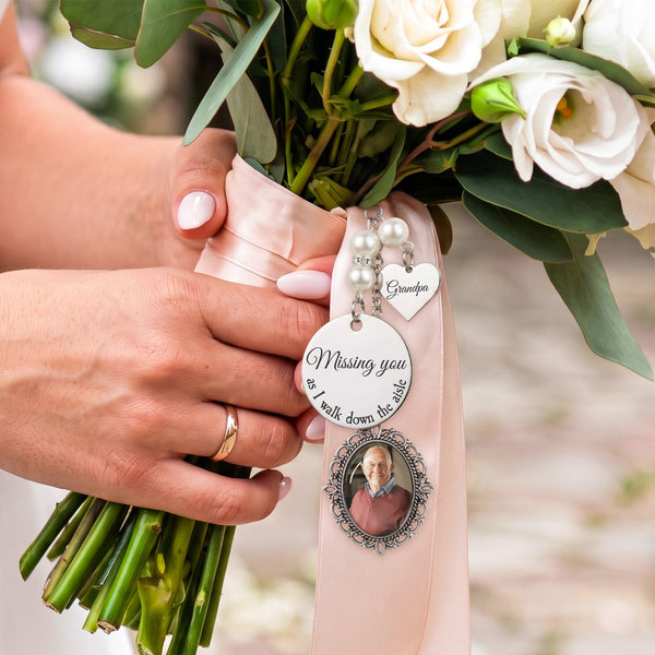Personalized Photo Wedding Bouquet Charm With Heart Pendant – Custom Memorial Gift For Bride