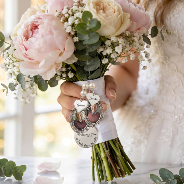 Personalized Photo Wedding Bouquet Charm With Heart Pendant – Custom Memorial Gift For Bride