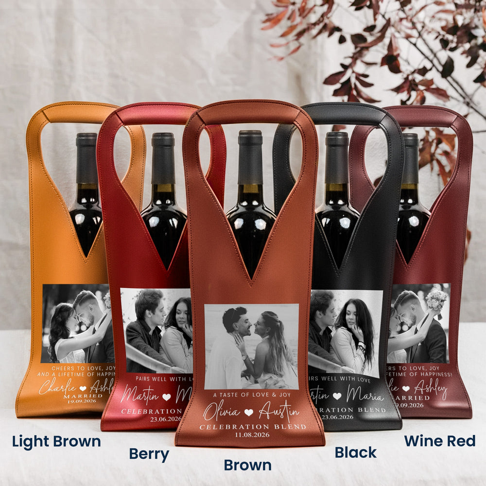 Custom Photo & Name, Date Gifts For Couples, Anniversaries, Wedding - Personalized Leather Wine Bag