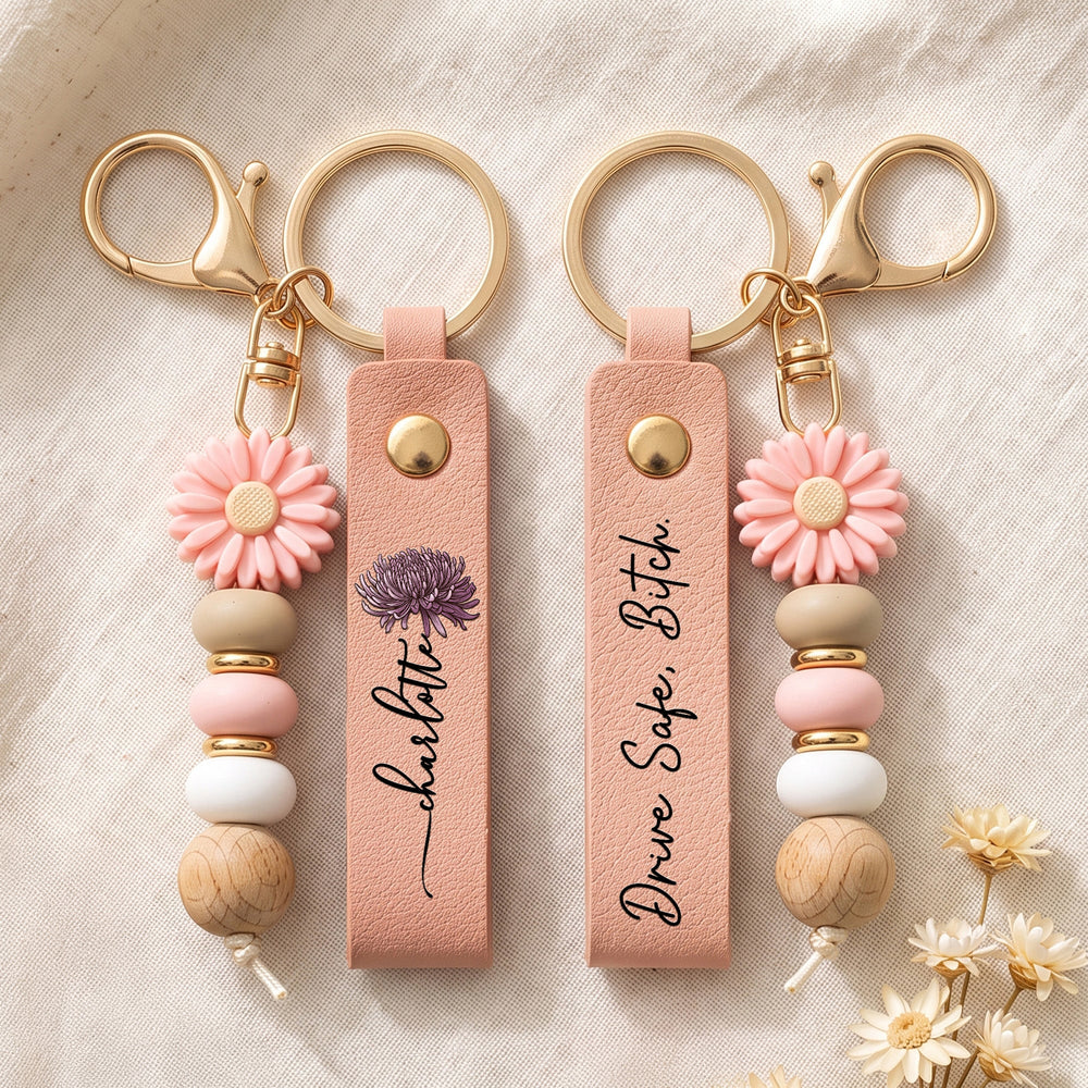 Personalized Birth Flower Keychain - Custom Bestie Beaded Wristlet Gift