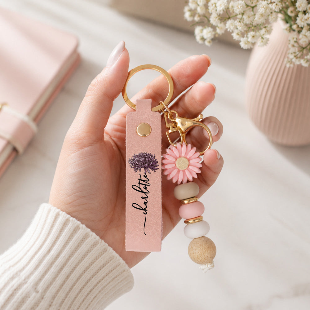 Personalized Birth Flower Keychain - Custom Bestie Beaded Wristlet Gift